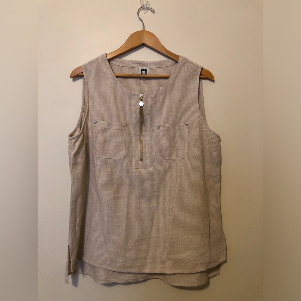 Anne Klein Women's Size Large Partial Zip Sleeveless Linen Blend Casual Top
